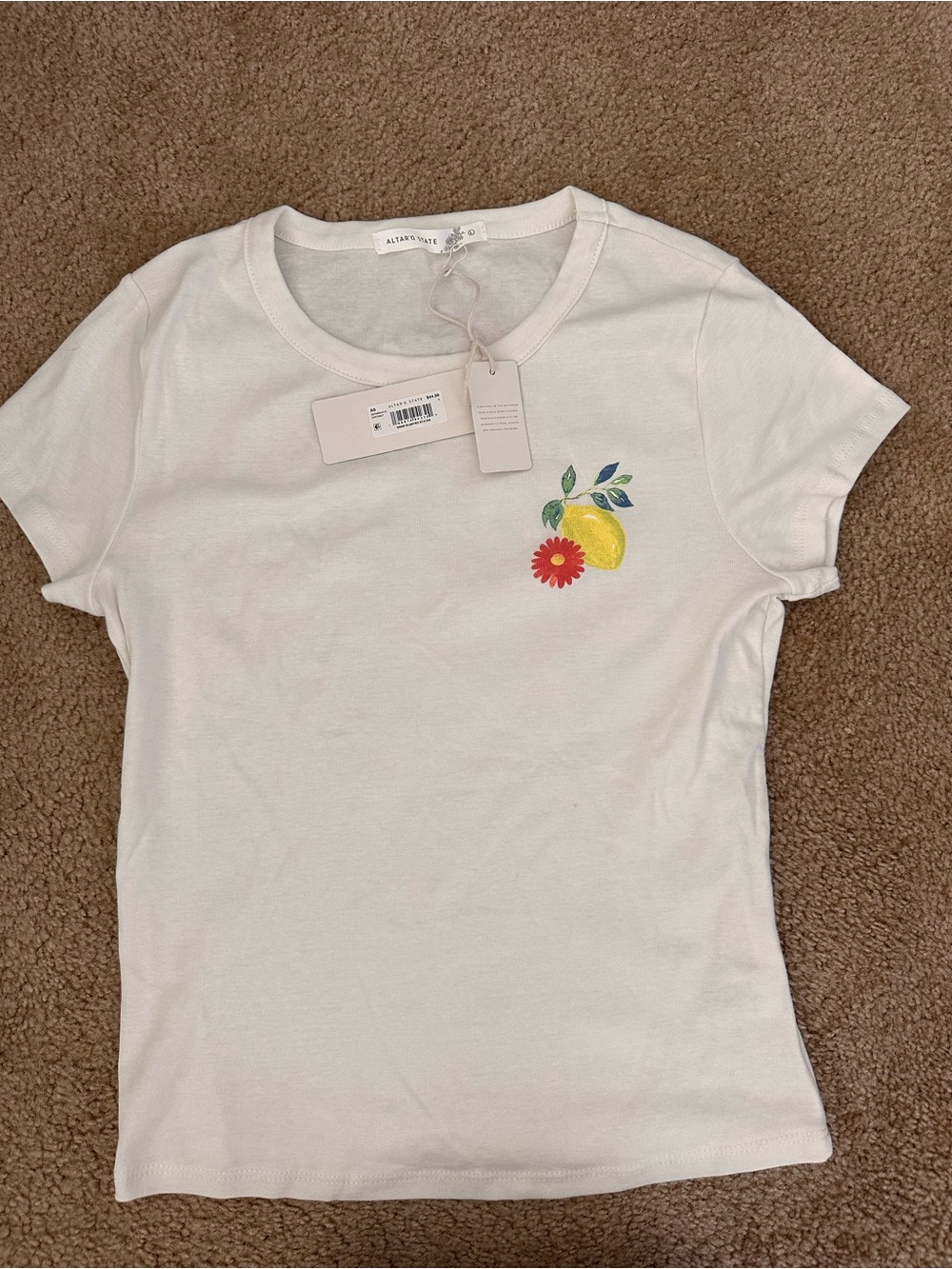 Altar'd State White Tee Maine Baby Tee Lemon & Floral Embroidery